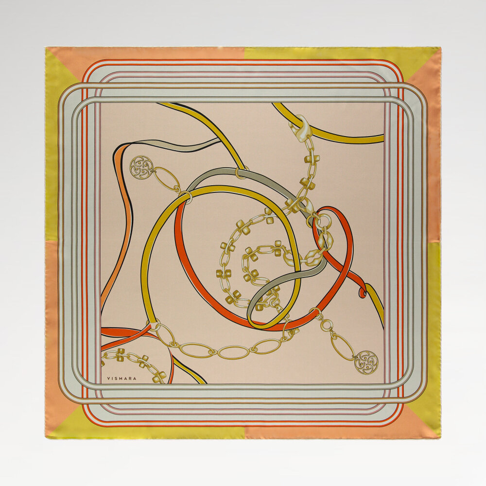 Yellow Monogram and Chain Patterned Silk Square Scarf - 1