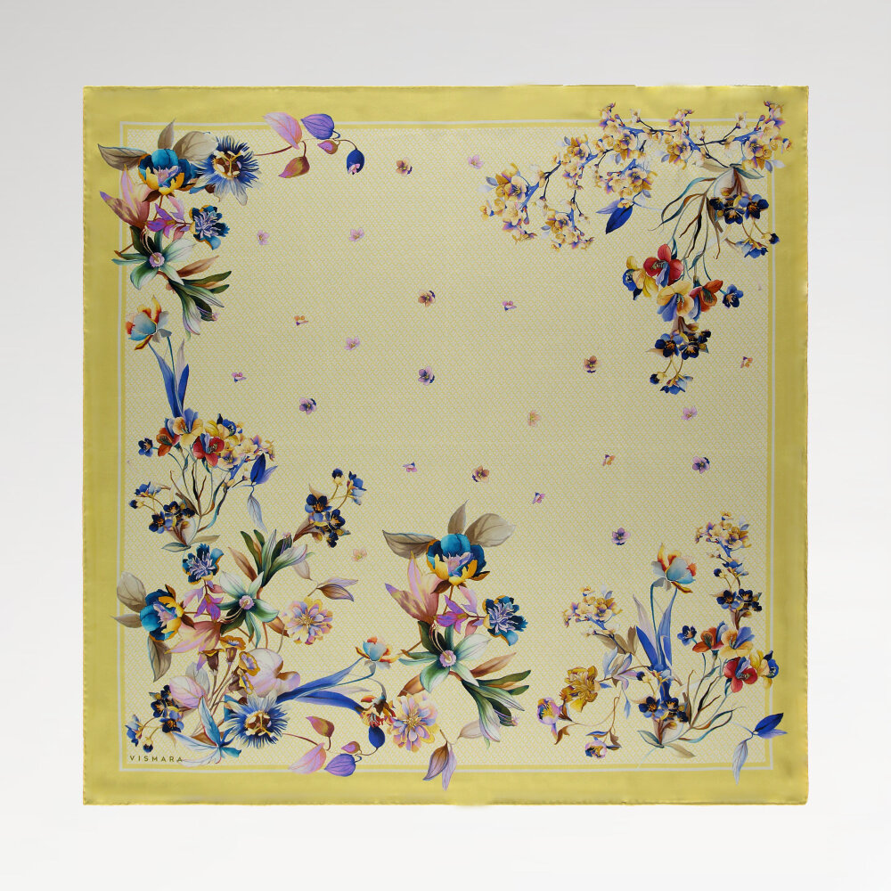Yellow Monogram Flower Garden Patterned Silk Square Scarf - 1