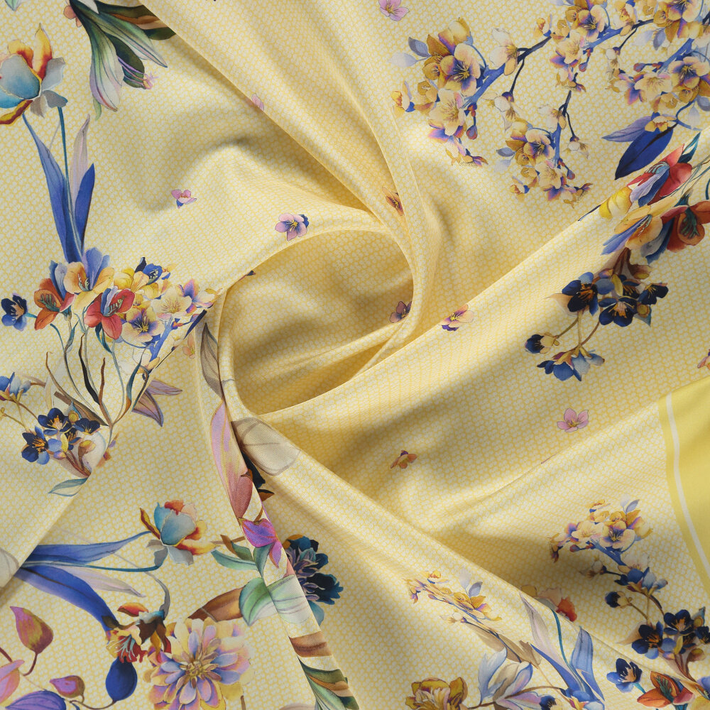 Yellow Monogram Flower Garden Patterned Silk Square Scarf - 2