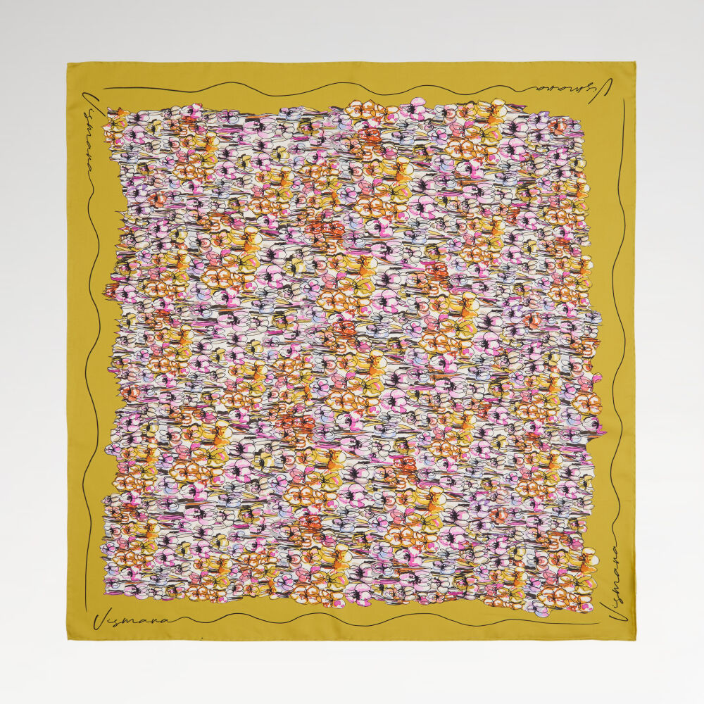 Yellow Spring Flowers Patterned Twill Silk Square Scarf