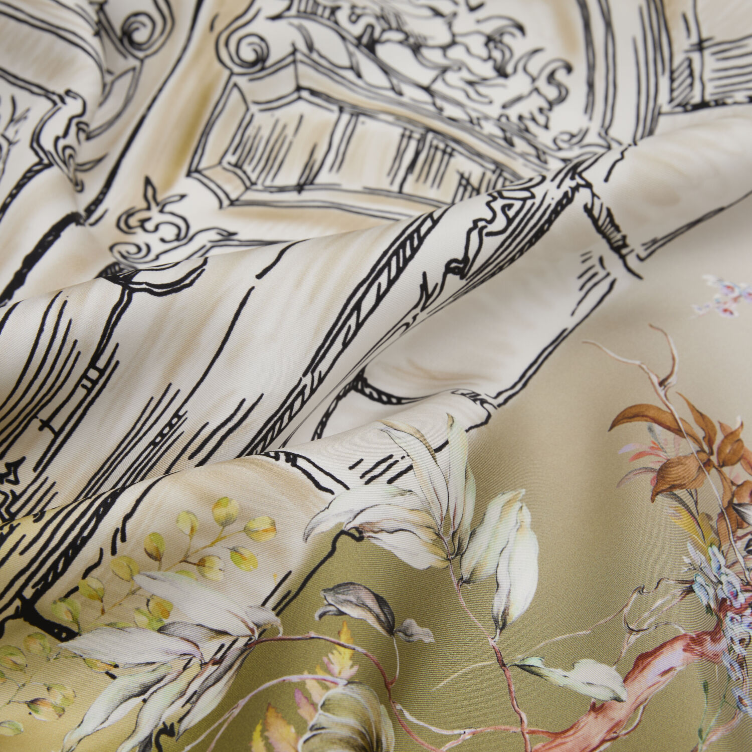 Yellow Vintage Floral Door Pattern Twill Silk Square Scarf - 2