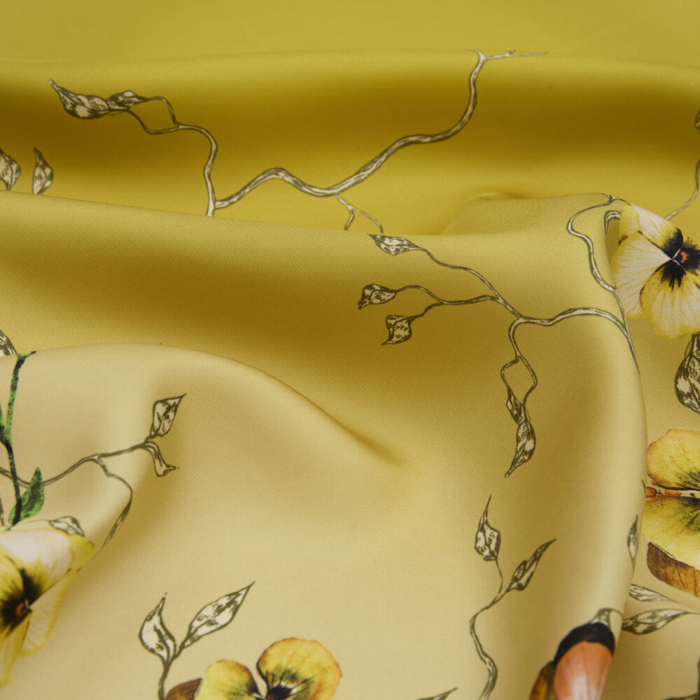 Yellow Violet Flower Patterned Twill Silk Square Scarf - Vismara