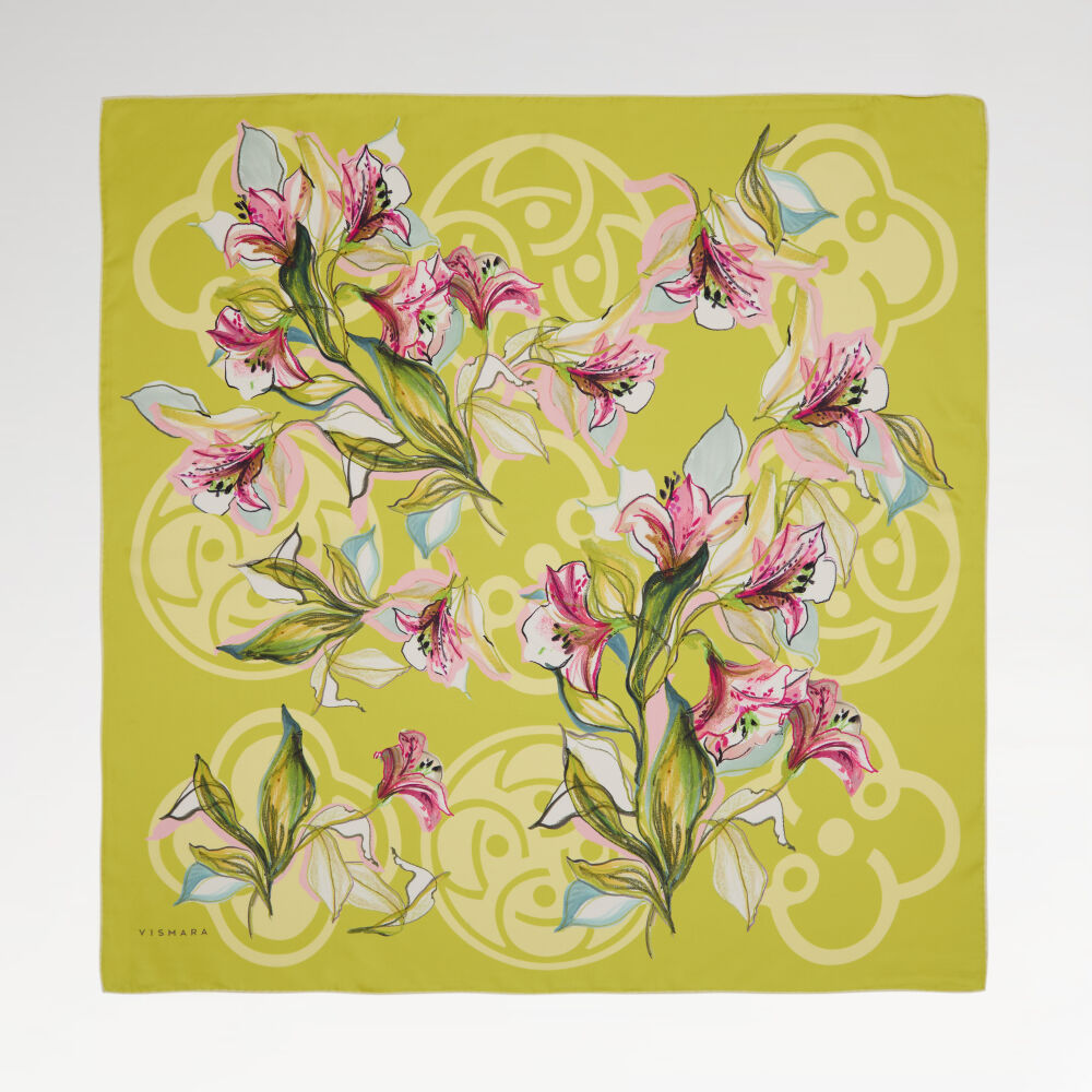Yellow Vismara Monogram Lily Flower Pattern Twill Silk Square Scarf