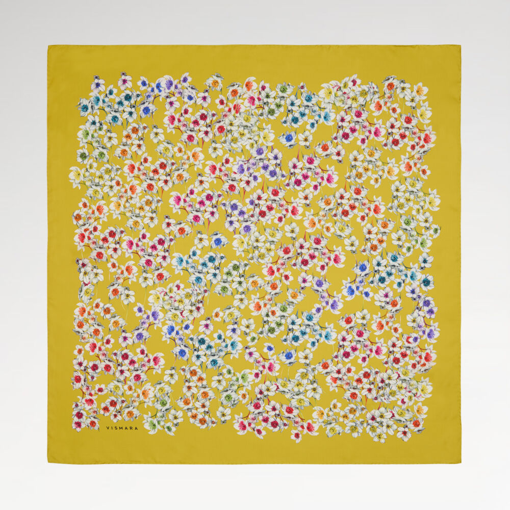 Yellow Watercolor Flower Pattern Twill Silk Square Scarf