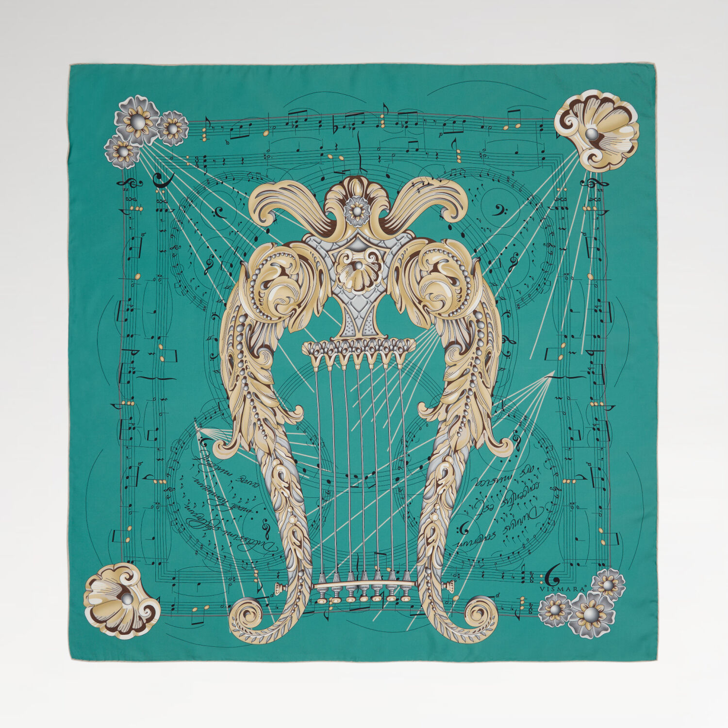 Yeşil Antik Lir Desen Twill İpek Eşarp - 1