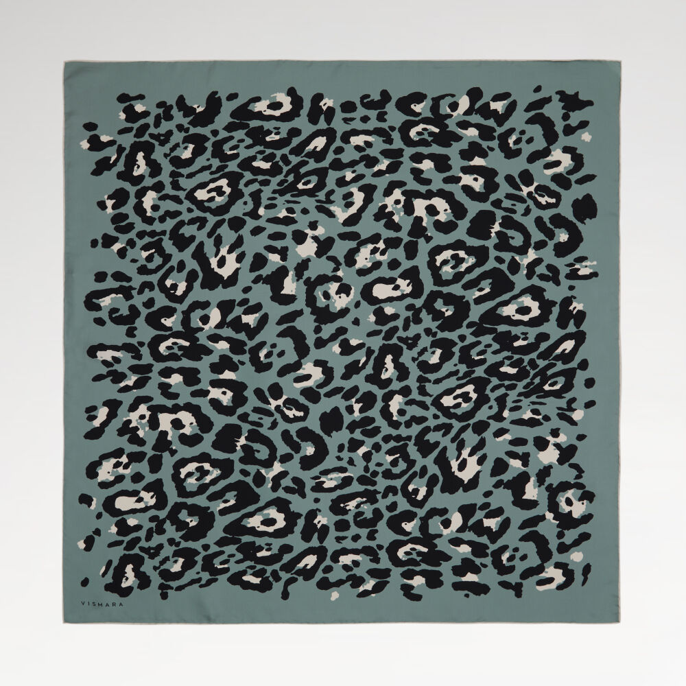 Yeşil Modern Leopar Desenli Twill İpek Eşarp