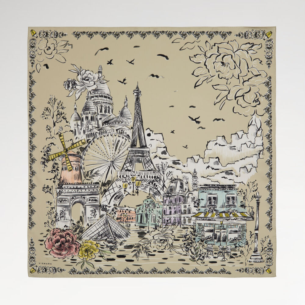 Yeşil Parisien Desenli Twill İpek Eşarp