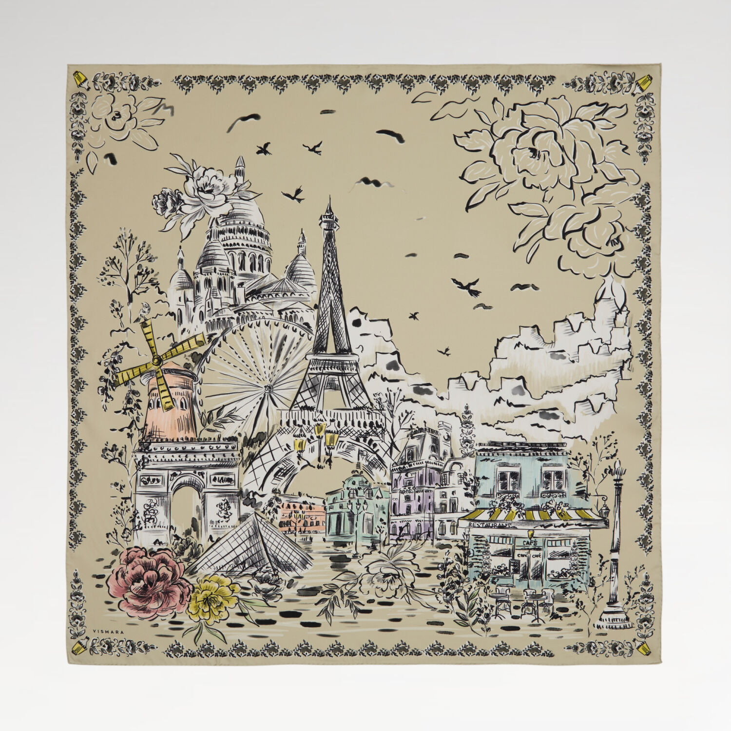 Yeşil Parisien Desenli Twill İpek Eşarp - 1