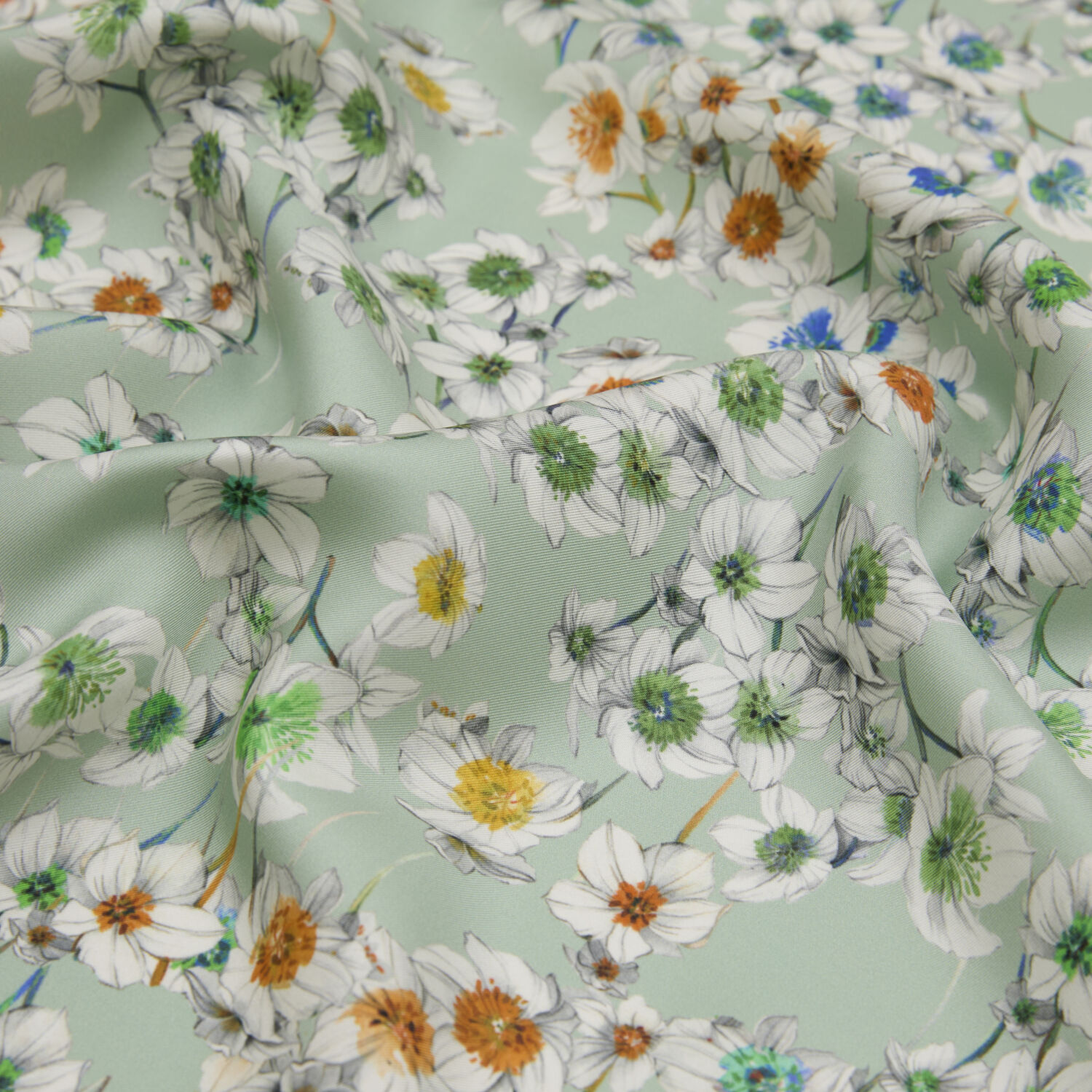 Yeşil Sulu Boya Çiçek Deseni Twill İpek Eşarp - 2