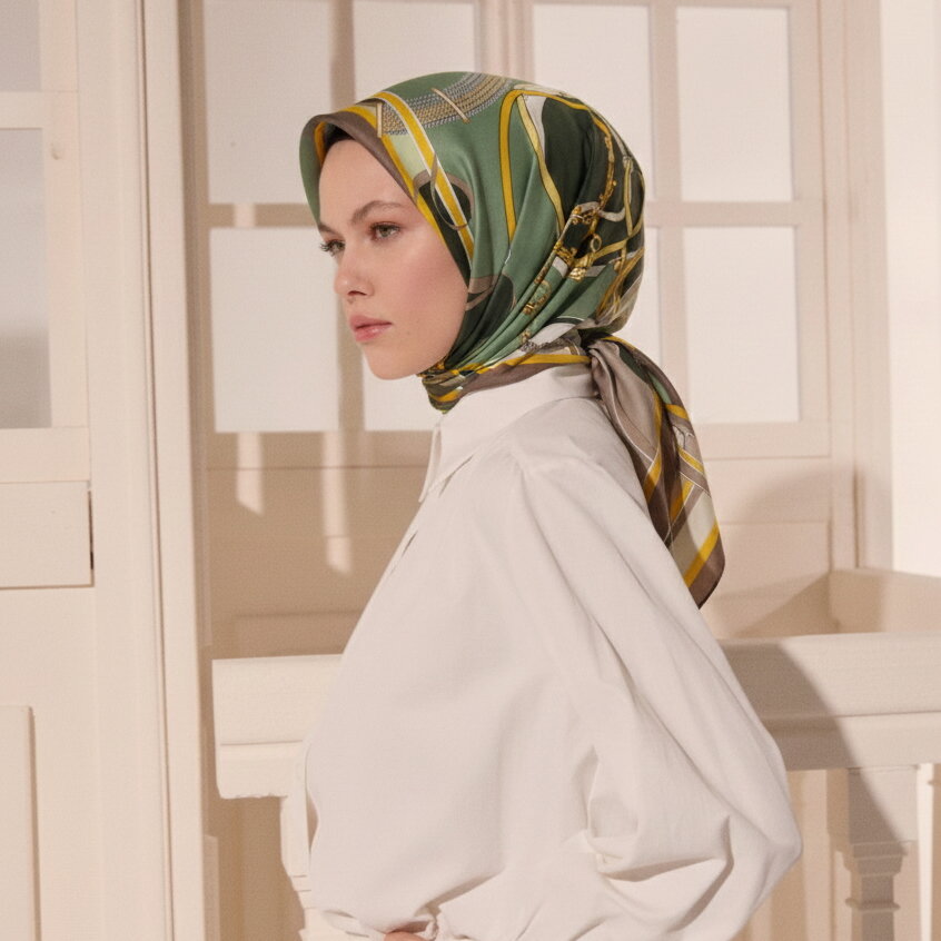 Yeşil Zincir Armonisi Desenli Twill İpek Eşarp - 3
